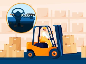 A forklift in a warehouse with the controls showing