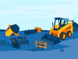 A skid steer loader and several attachments